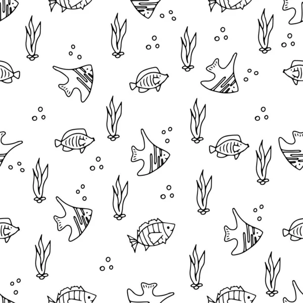 Zökkenőmentes kézzel rajzolt firka minta. Tengerészeti téma. Aranyos halak. Vektor illusztráció. Tengeri élőlények. — Stock Vector