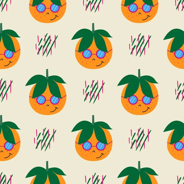 Padrão sem costura com tangerinas laranja e folhas verdes. Suavemente fundo laranja com pontos. Ilustração vetorial. — Vetor de Stock