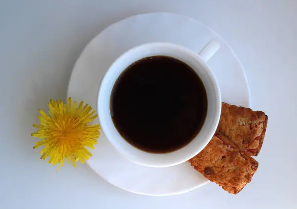 Filiżankę Kawy Cukrem Ciasteczkami Żółtymi Kwiatami Mniszka Lekarskiego — Zdjęcie stockowe