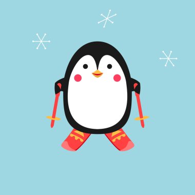 Çizgi film pengueni. Kuş kayak yapıyor. Vektör illüstrasyonu.