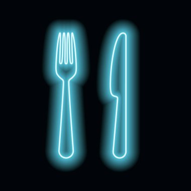 Çatal çatal bıçak parlak mavi parlak neon ikon ana hat sembolü restoranın yemek gecesi aydınlatma vektör ilüstrasyonu.