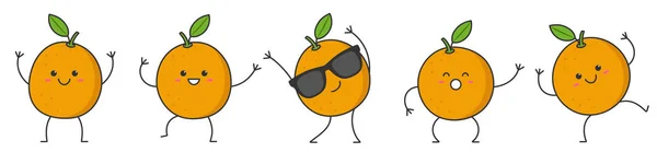 Set Naranjas Carácter Dibujos Animados Baile Divertido Fruta Sonriente Cara — Vector de stock