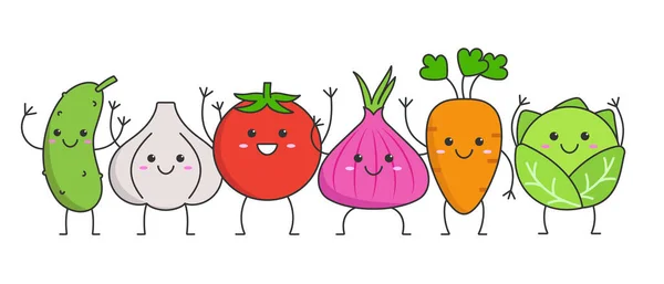 Conjunto Verduras Divertidas Personaje Dibujos Animados Lindo Amigable Pepino Ajo — Vector de stock