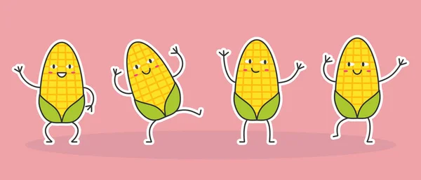 Set Stickers Golden Cob Corn Character Cartoon Cute Smile Happy — Vetor de Stock