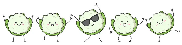 Establecer Carácter Coliflor Dibujos Animados Bailando Sonriente Cara Vegetal Feliz — Vector de stock