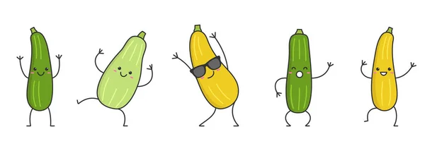 Establecer Calabaza Calabacín Personaje Dibujos Animados Bailando Cara Sonriente Médula — Vector de stock