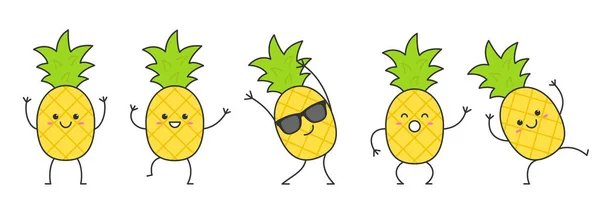 Set Personaje Piña Dibujos Animados Bailando Fruta Divertida Sonriendo Cara — Vector de stock