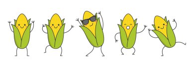 Karakter çizgi film altın mısır gülüşü dans eden mutlu duygu simgesi logo illüstrasyonu.