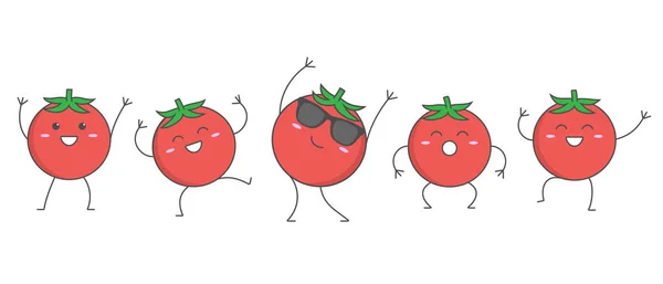 Personaje Dibujos Animados Bailando Tomates Emociones Felices Conjunto Icono Logotipo — Vector de stock