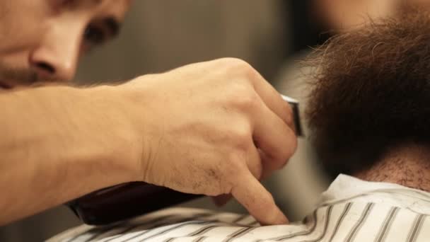 理发师用剪子剪客户的胡子，专业的胡子护理. — 图库视频影像