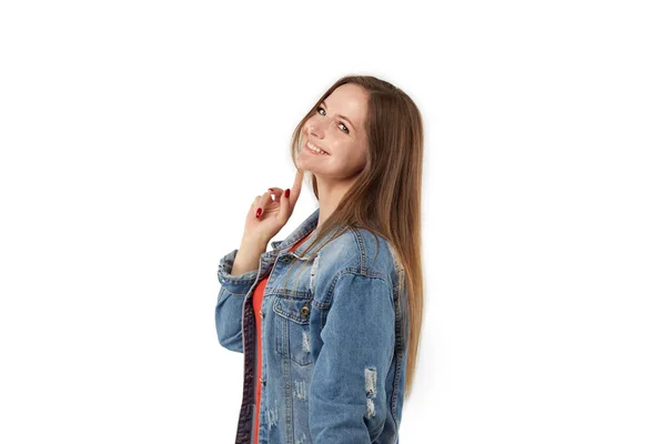 Portret van een jonge lachende gelukkige vrouw. Witte geïsoleerde achtergrond. — Stockfoto