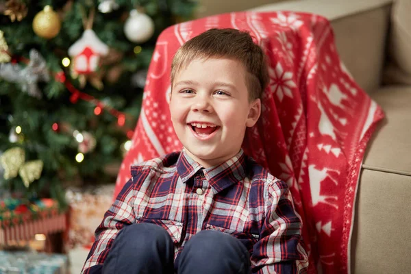 Retrato de um rapaz feliz a sorrir. Ao lado dele está uma grande árvore de Natal decorada. — Fotografia de Stock
