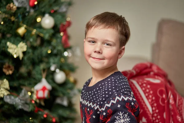 Retrato de um menino no fundo de uma árvore de Natal. Olha para a câmara.. — Fotografia de Stock