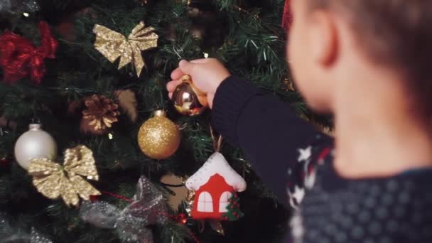 Ένα αγόρι στο σπίτι στολίζει ένα νέο χριστουγεννιάτικο δέντρο. Κρεμάει ένα παιχνίδι με χρυσή μπάλα. — Αρχείο Βίντεο