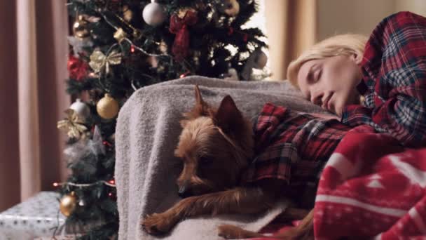 Una rubia dormida y un perrito a su lado. Esperando Navidad. — Vídeo de stock