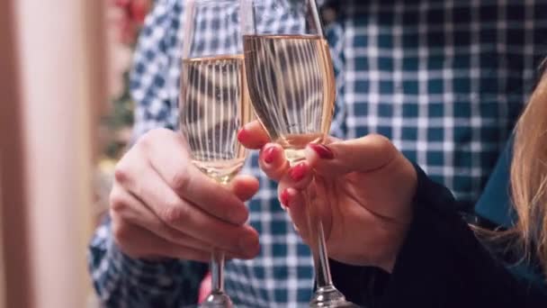 愛のカップルは自宅で一緒にクリスマスを祝い、シャンパンを飲みます. — ストック動画