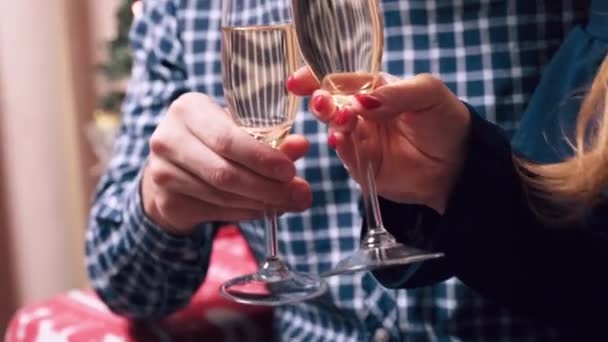 Een man en een vrouw houden een glas champagne vast en kussen. — Stockvideo