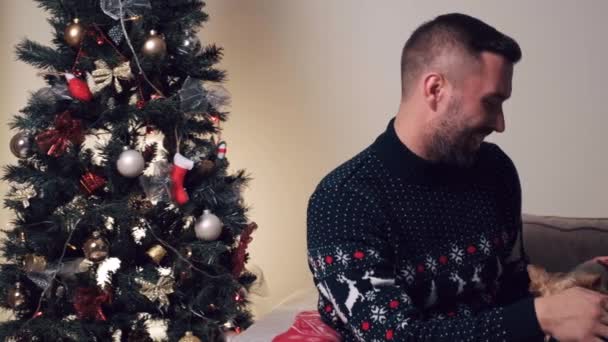 검역중 개와 함께 집에서 크리스마스를 축하하는 남편과 아내. — 비디오