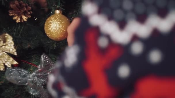 Egy gyerek otthon egy karácsonyfát díszít környezetbarát nemezjátékokkal.. — Stock videók