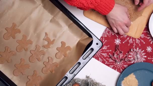 Frauenhände ordnen den Teig in Form von Lebkuchen auf Pergamentpapier neu. — Stockvideo