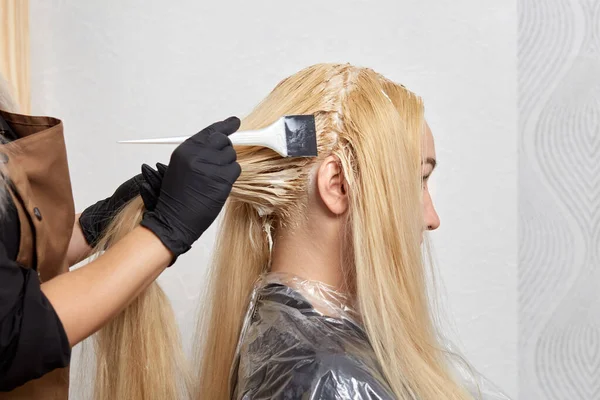 Zijaanzicht van de kapper een vrouw verft het haar van een klant in een schoonheidssalon — Stockfoto