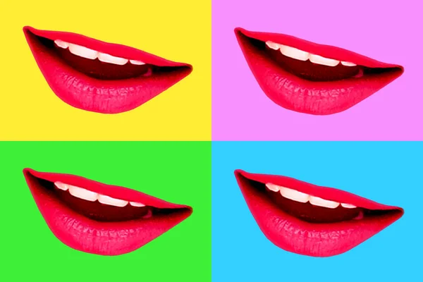 Коллаж из нескольких квадратов с женскими губами с красной помадой. — стоковое фото