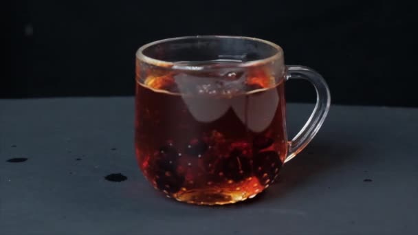 En una taza transparente de té negro, las bayas de grosella caen desde arriba. — Vídeos de Stock