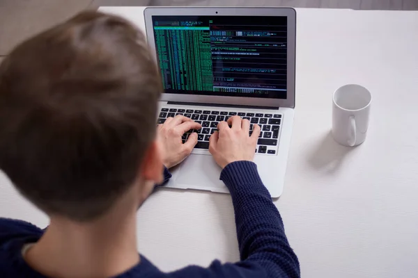 İnternette çalışan bir adamın arkasından görüntüler. Programcı olarak çalış.