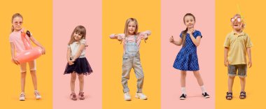 Parlak bir arka planda küçük mutlu çocuklarla kolaj.