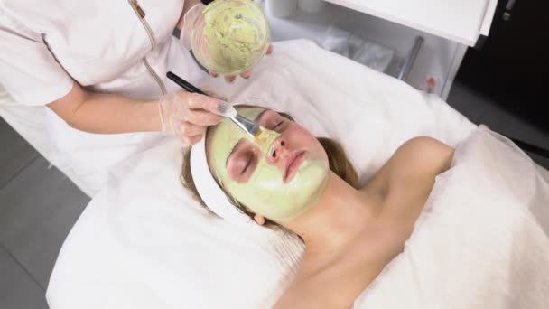 O cosmetologist lentamente aplica uma máscara de cara de barro ao cliente com uma escova. — Vídeo de Stock