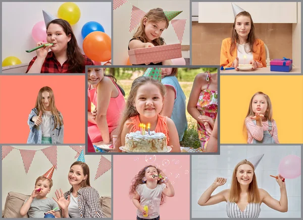 Un collage de varias fotos con una celebración de cumpleaños. Buen humor positivo. —  Fotos de Stock