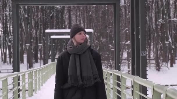 Krásná žena v šedém kabátě a teplém klobouku kráčí v zimě po mostě — Stock video