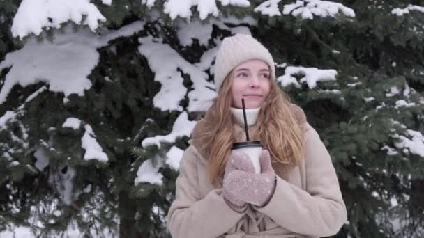 Όμορφη γυναίκα πίνει ένα ζεστό ρόφημα από ένα ποτήρι τον κρύο χειμώνα, έξω. — Αρχείο Βίντεο