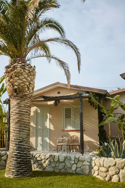 Uzun palmiye ağaçları olan bir adada küçük şık bir ev. Bir tatil evi..