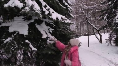 Bir kadın kış parkında yürüyor ve dallardan kar atıyor..