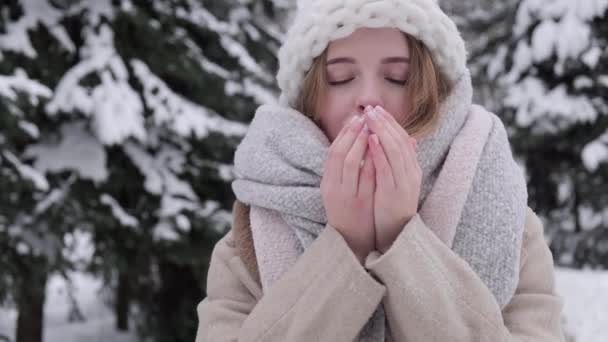 아름다운 여인이 숨을 쉬면서 손을 따뜻하게 한다. 손의 따뜻 한 장갑. — 비디오