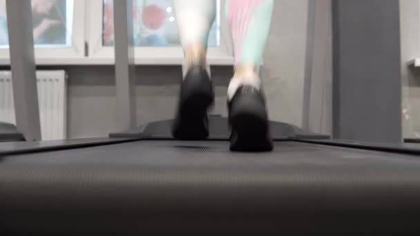 Achteraanzicht van de benen van een vrouw die op een loopband loopt. Een sportieve levensstijl. — Stockvideo