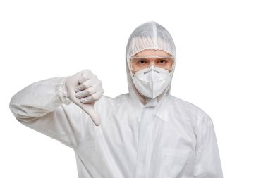 Kimyasal koruma ve maskedeki doktorun yüzü sevilmeyen bir el olduğunu gösteriyor..