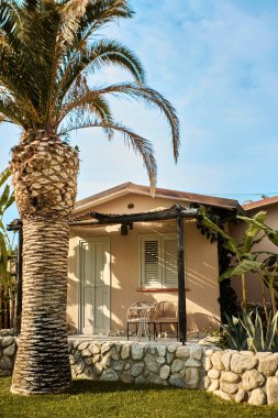 Uzun palmiye ağaçları olan bir adada küçük şık bir ev. Bir tatil evi..
