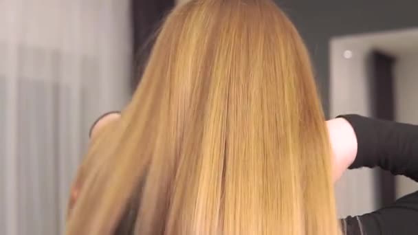 Achteraanzicht van mooi lang gezond rood haar. Professionele haarverzorging. — Stockvideo