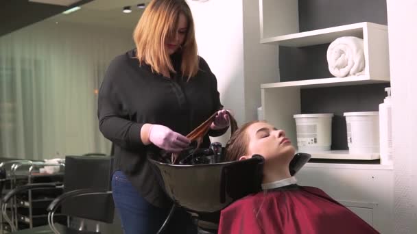 La peluquera aplica lentamente una mascarilla hidratante al cabello húmedo de una mujer. — Vídeos de Stock