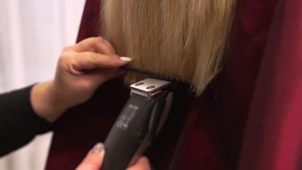 クリップで髪の毛の端を切断美容師のクローズアップ. — ストック動画