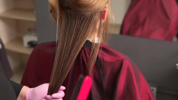 En frisör i rosa latexhandskar kammar hennes färgade blonda hår. Skönhetssalong. — Stockvideo