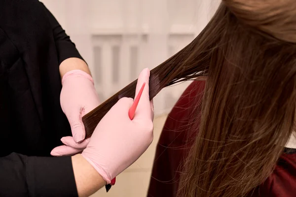 A barber woman paints with a brush and paint strands of hair of a female client.