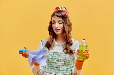 Bir kadın temizlikçi evde temizlik malzemeleriyle temizlik yapmak istemez..