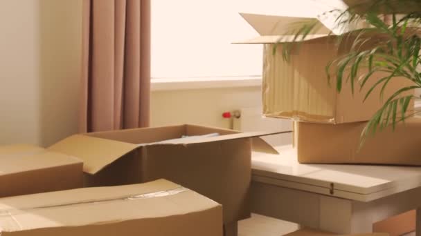 Женщина кладет картонную коробку поверх других коробок в комнате. — стоковое видео