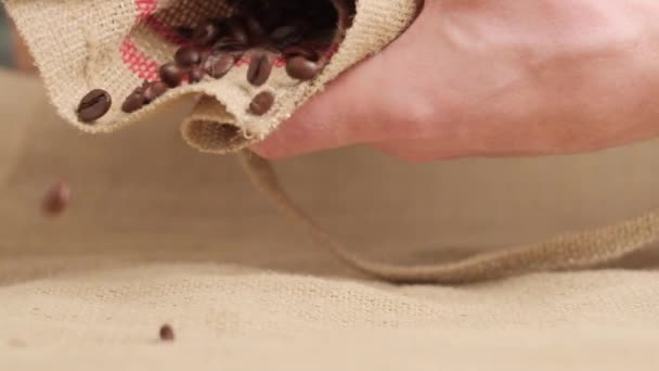Hands hold a burlap bag, pour the freshly roasted coffee onto the burlap cloth — Stock Video