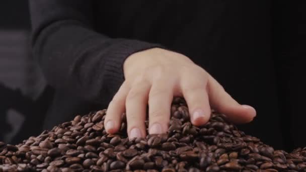 El kavrulmuş koyu kahve çekirdeklerine dokunur. Kahve yapmak için bir malzeme.. — Stok video