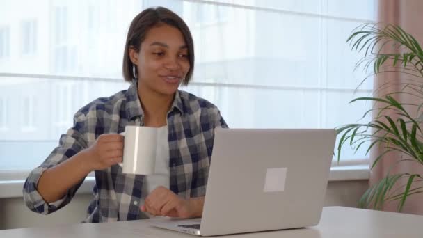 Uma jovem afro-americana olha para a tela do laptop e se comunica. — Vídeo de Stock