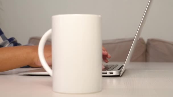 Een jonge vrouw drinkt koffie uit een witte beker en typt op een laptop toetsenbord. — Stockvideo